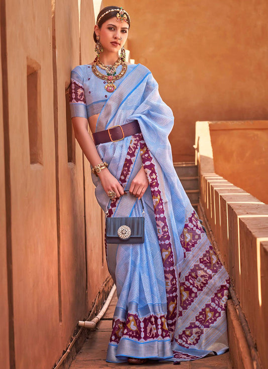 Trendy Saree Cotton Silk Aqua Blue Foil Print Saree