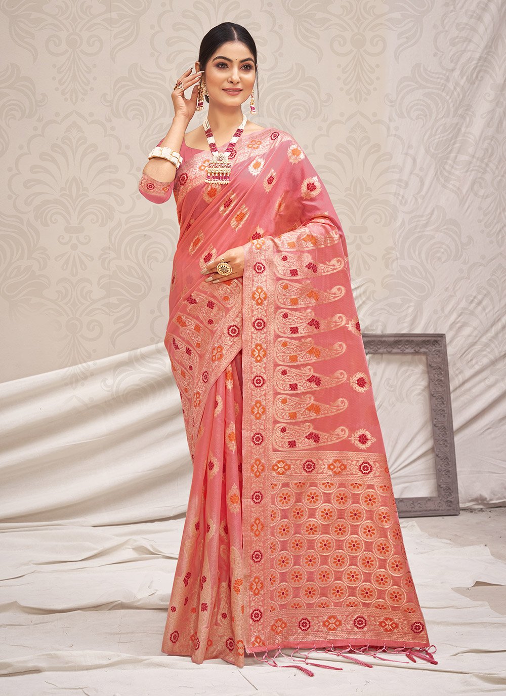 Designer Cotton Silk Pink Embroidered Saree