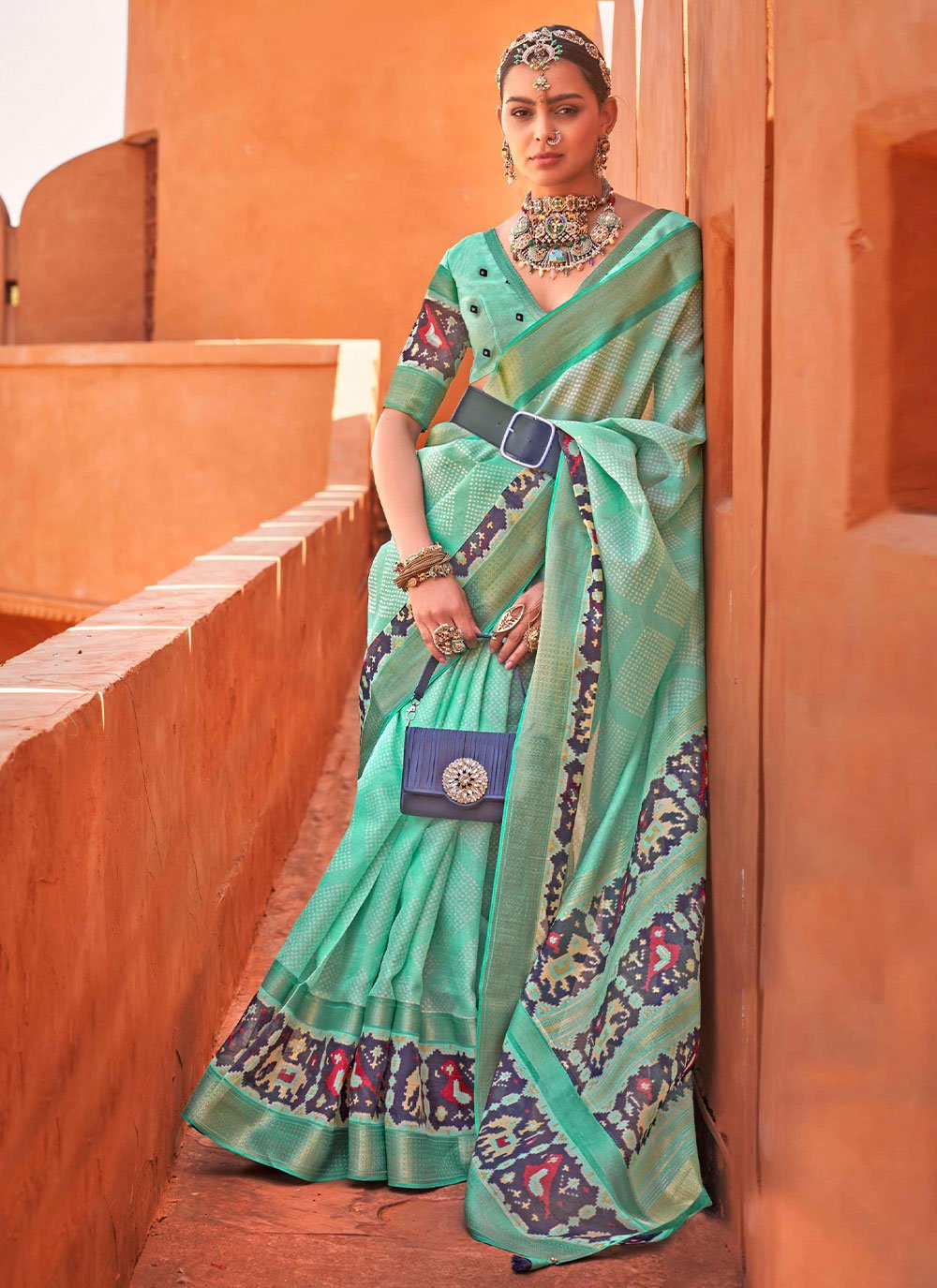 Contemporary Cotton Silk Sea Green Foil Print Saree