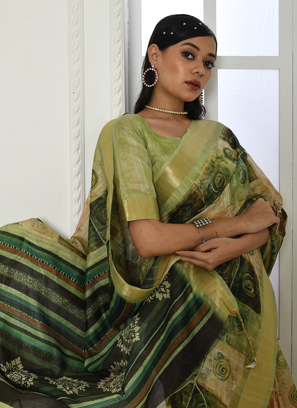 Contemporary Cotton Silk Sea Green Patch Border Saree