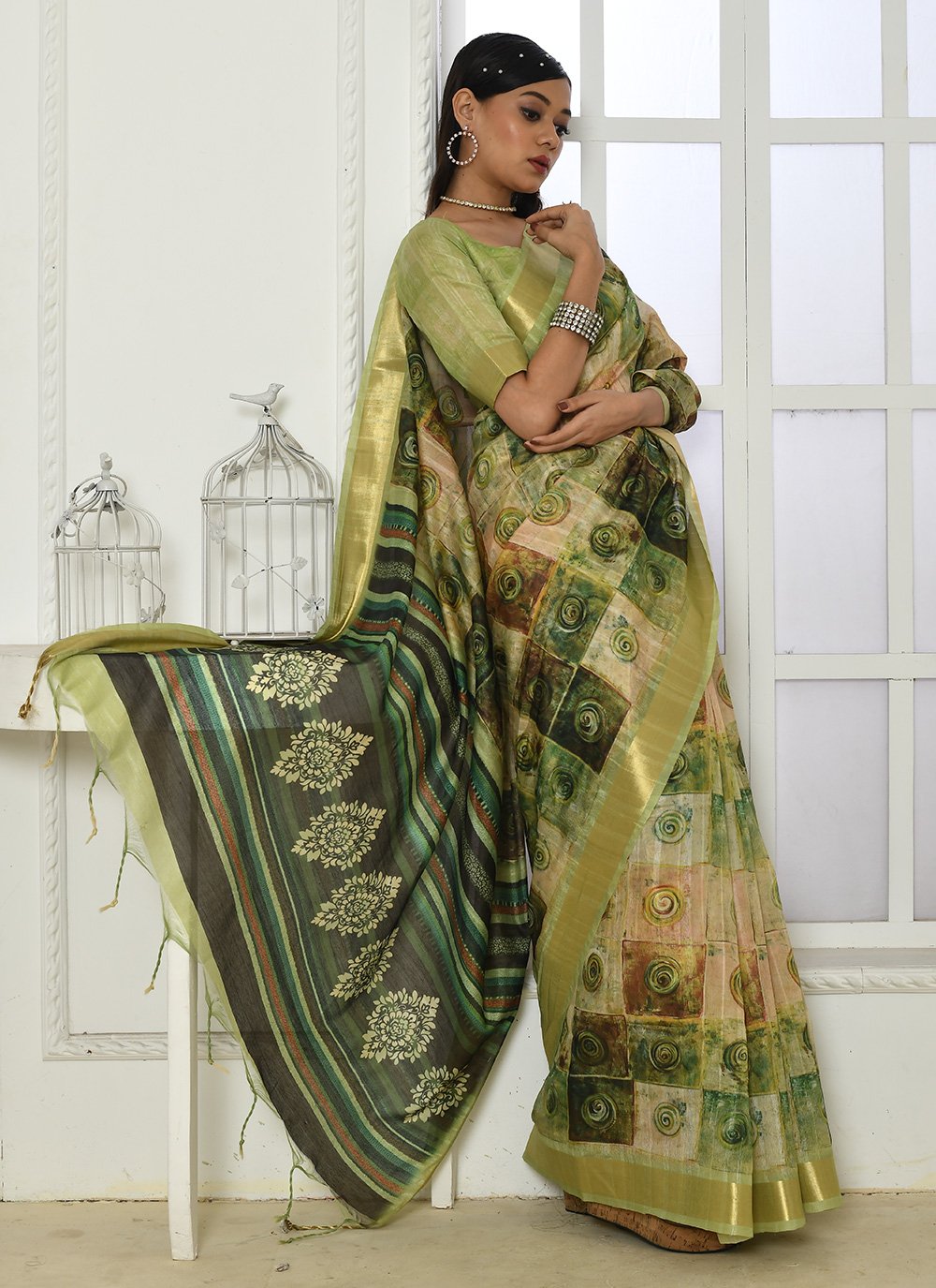 Contemporary Cotton Silk Sea Green Patch Border Saree