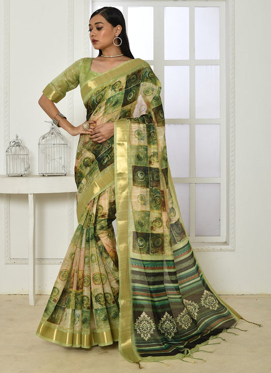 Contemporary Cotton Silk Sea Green Patch Border Saree