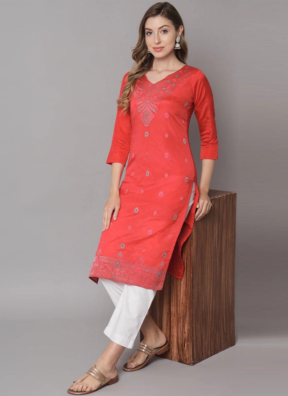 Designer Kurti Cotton Silk Orange Jacquard Work Kurtis