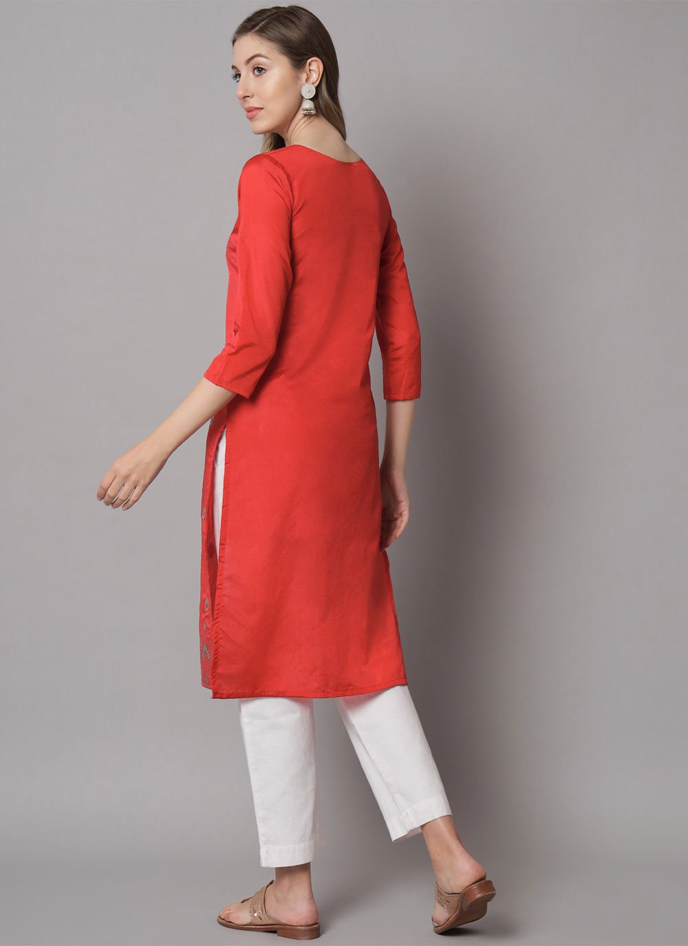 Designer Kurti Cotton Silk Orange Jacquard Work Kurtis