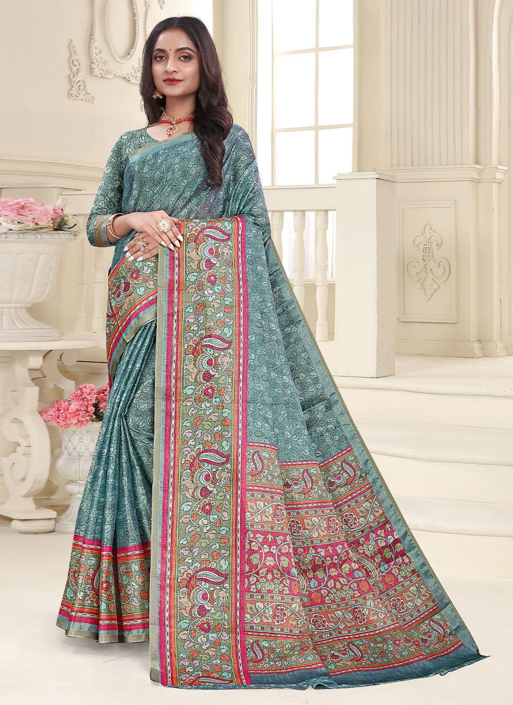 Classic Cotton Silk Blue Digital Print Saree