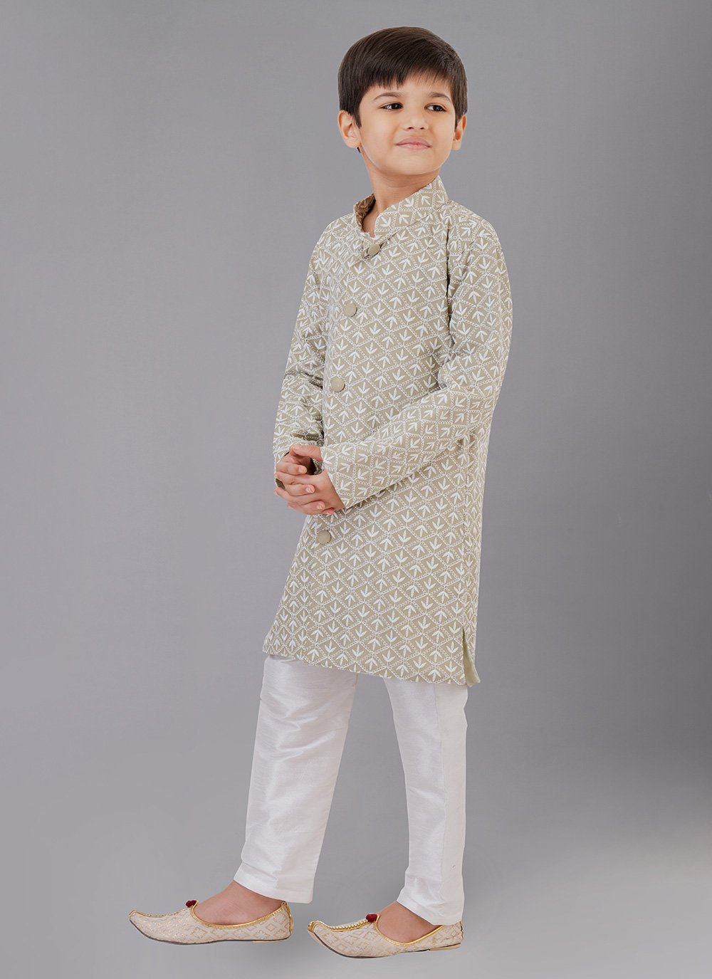 Kurta Pyjama Cotton Silk Green Embroidered Kids