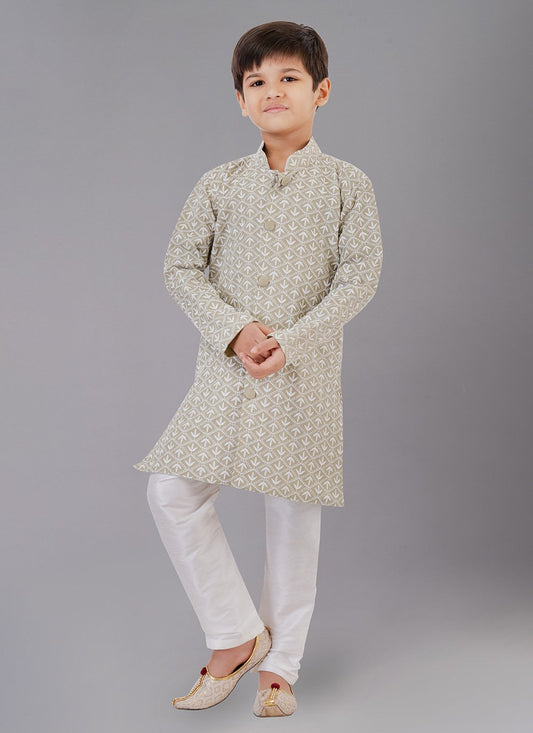 Kurta Pyjama Cotton Silk Green Embroidered Kids