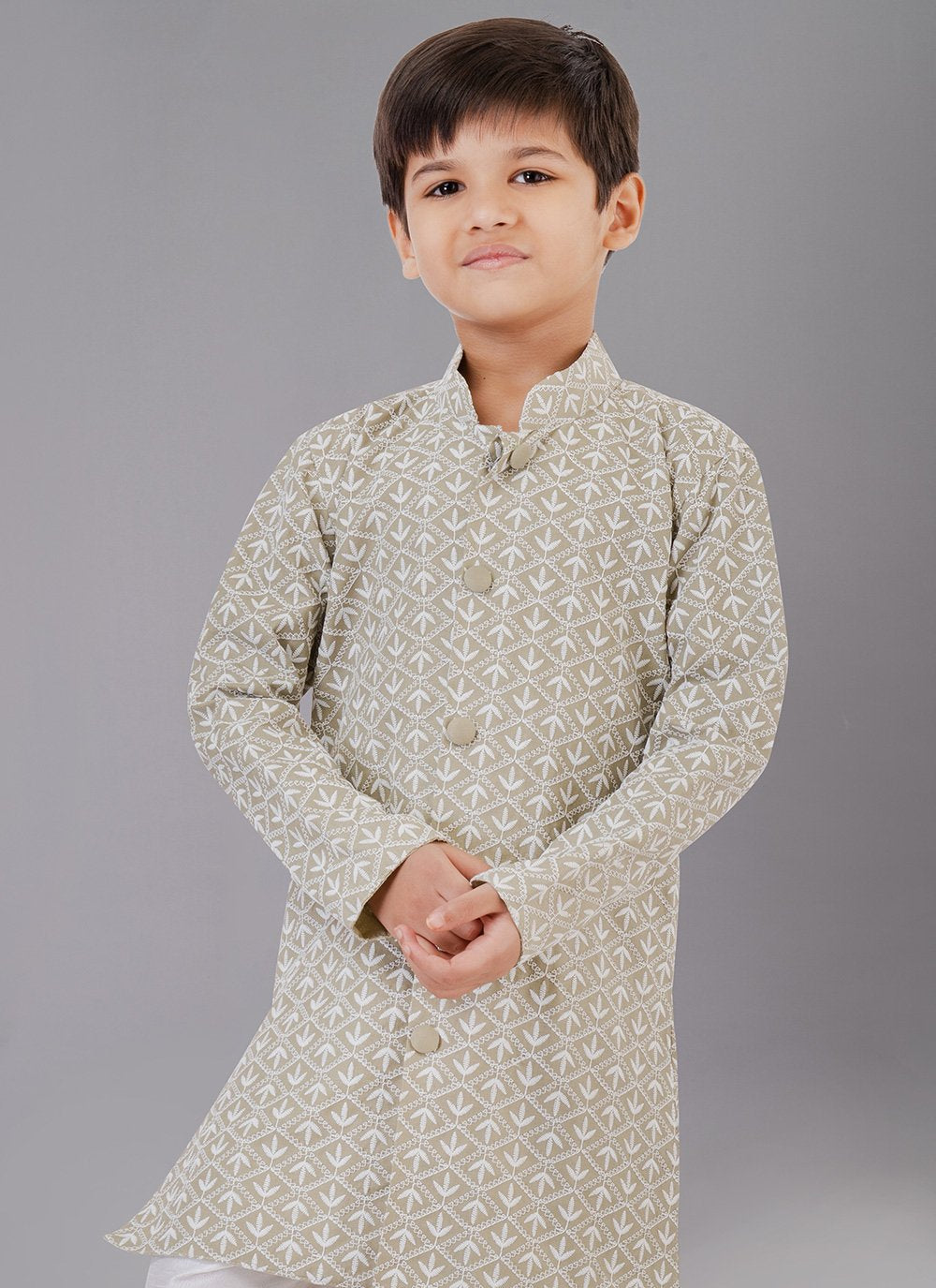 Kurta Pyjama Cotton Silk Green Embroidered Kids