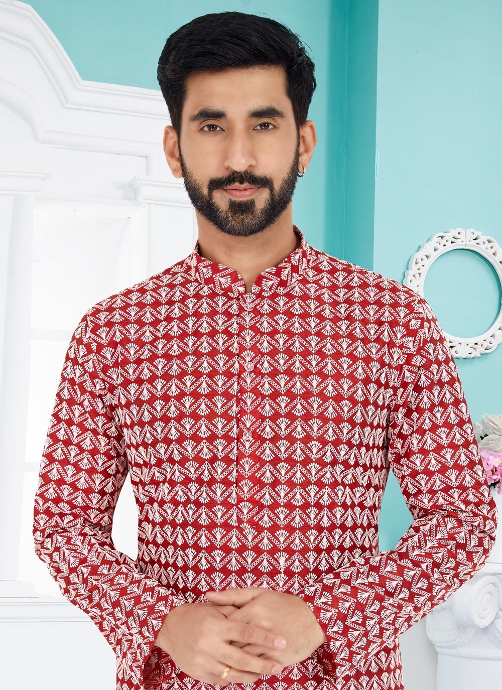 Kurta Pyjama Cotton Silk Red Embroidered Mens