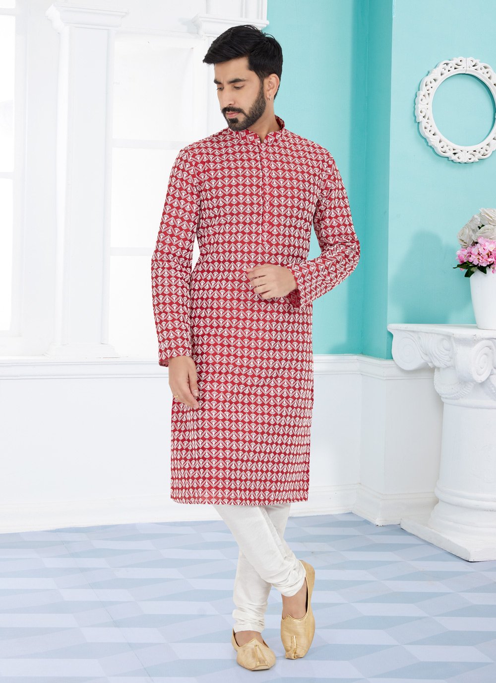 Kurta Pyjama Cotton Silk Red Embroidered Mens