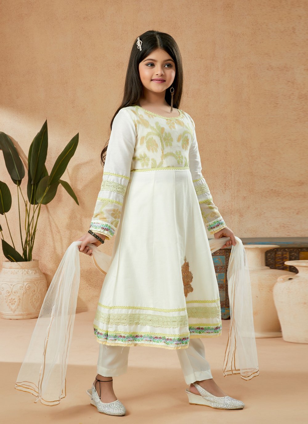 Anarkali Suit Cotton Silk Off White Embroidered Kids