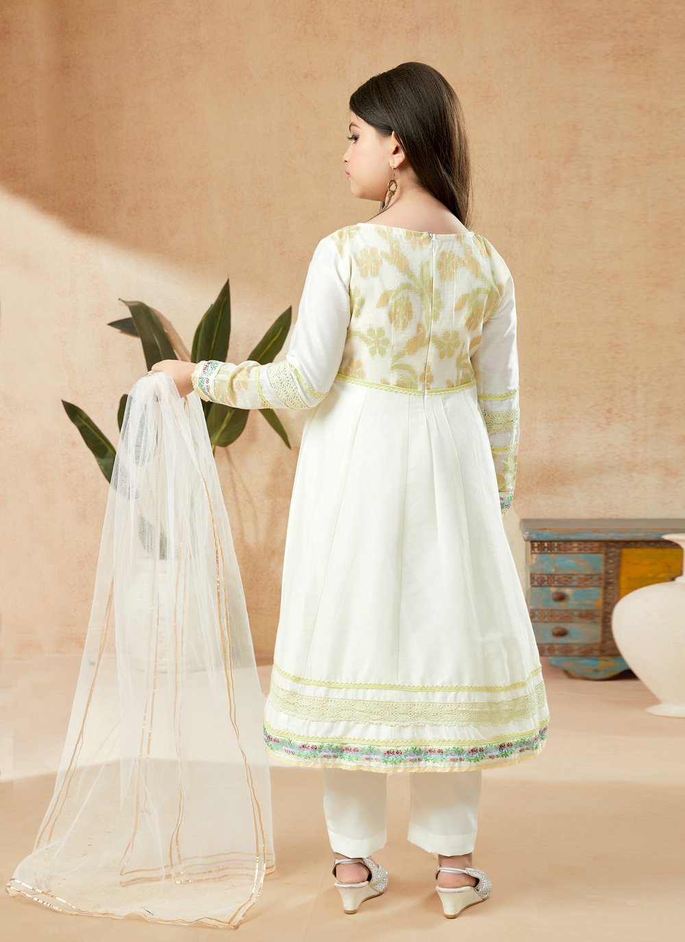 Anarkali Suit Cotton Silk Off White Embroidered Kids