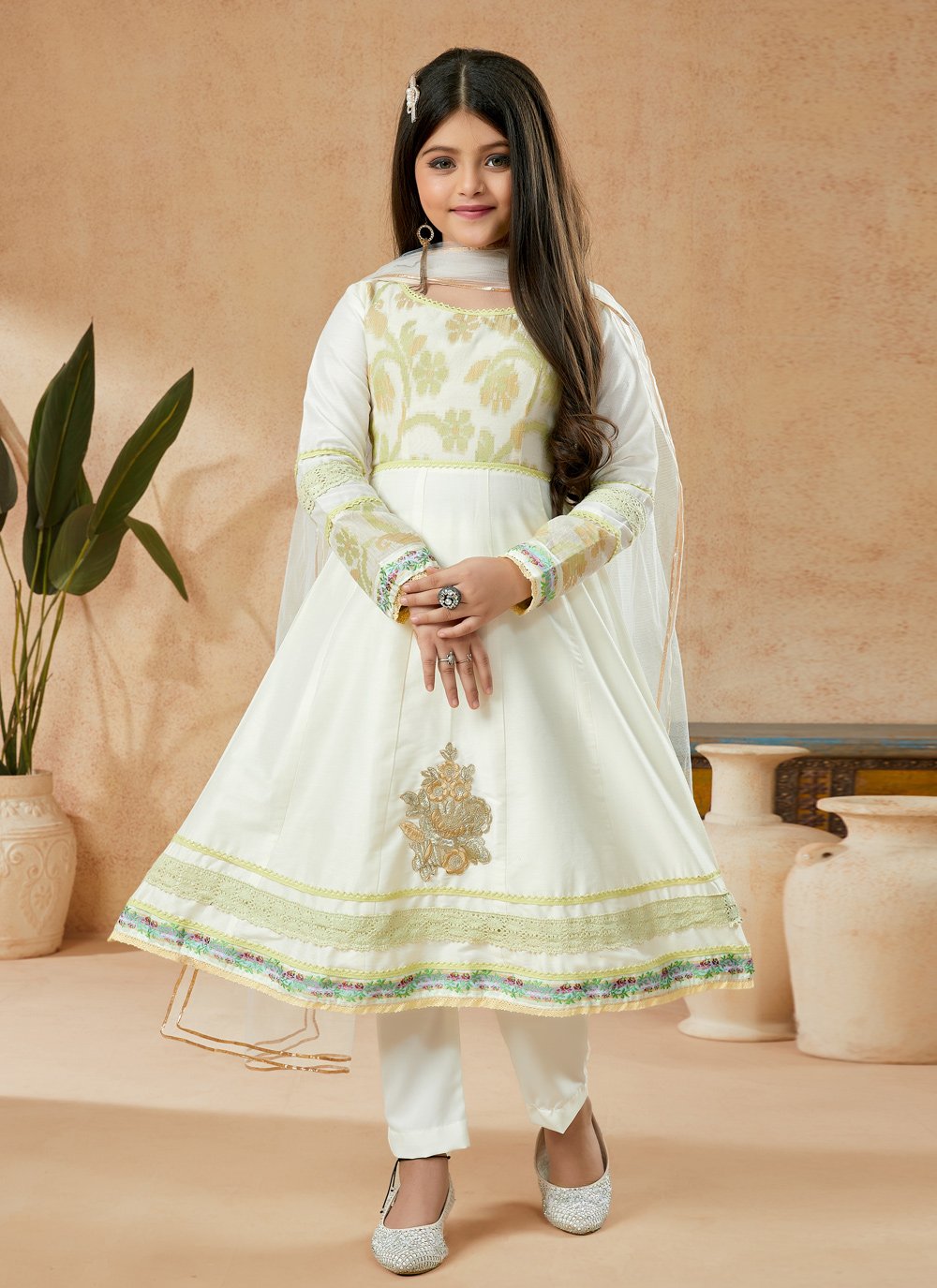 Anarkali Suit Cotton Silk Off White Embroidered Kids
