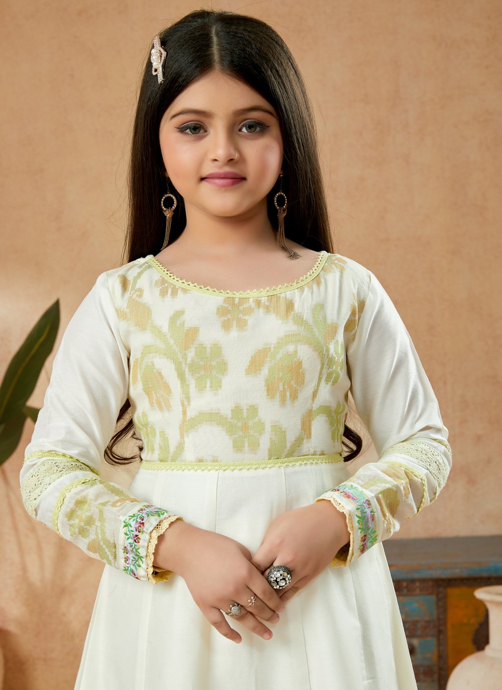 Anarkali Suit Cotton Silk Off White Embroidered Kids