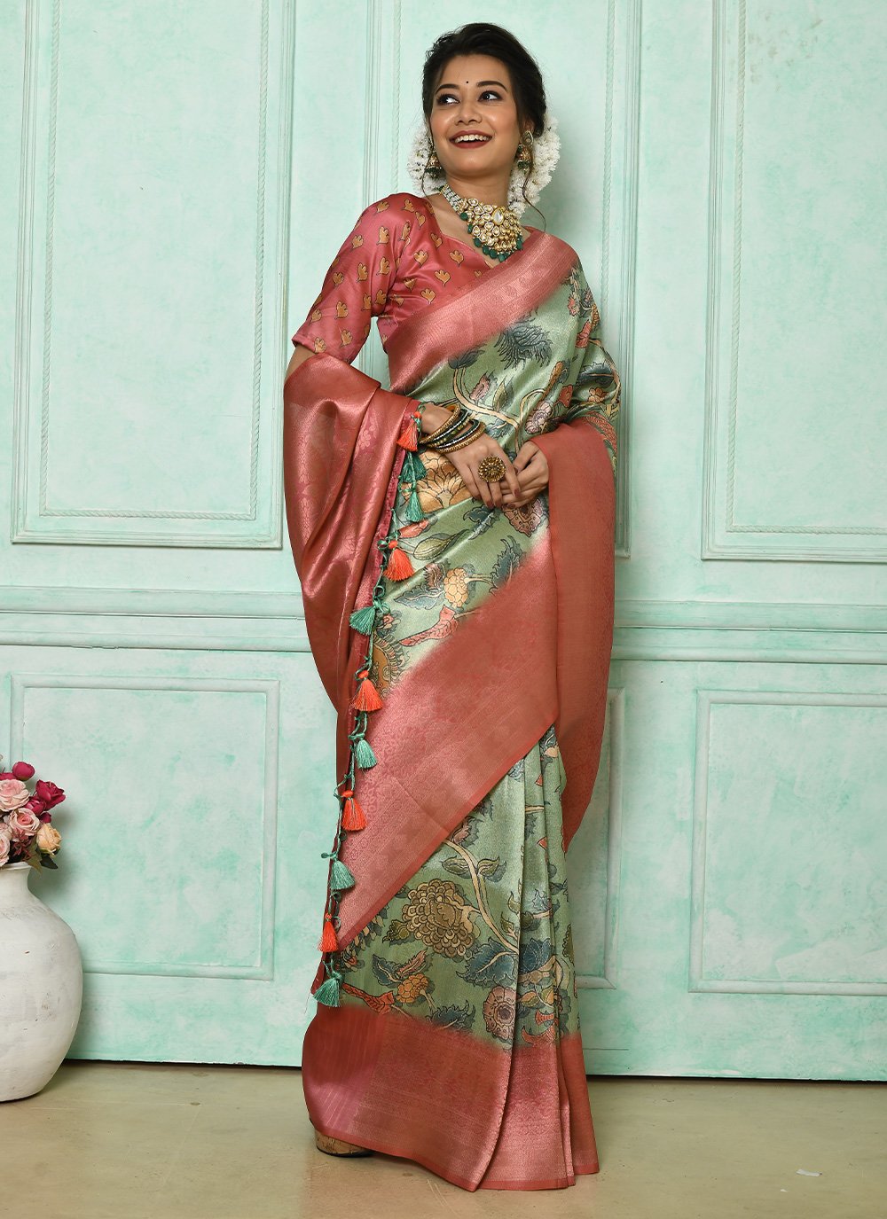 Contemporary Cotton Silk Green Print Saree