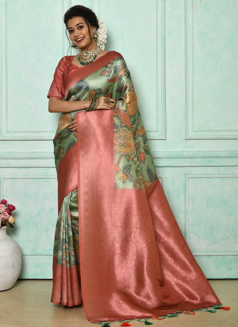 Contemporary Cotton Silk Green Print Saree