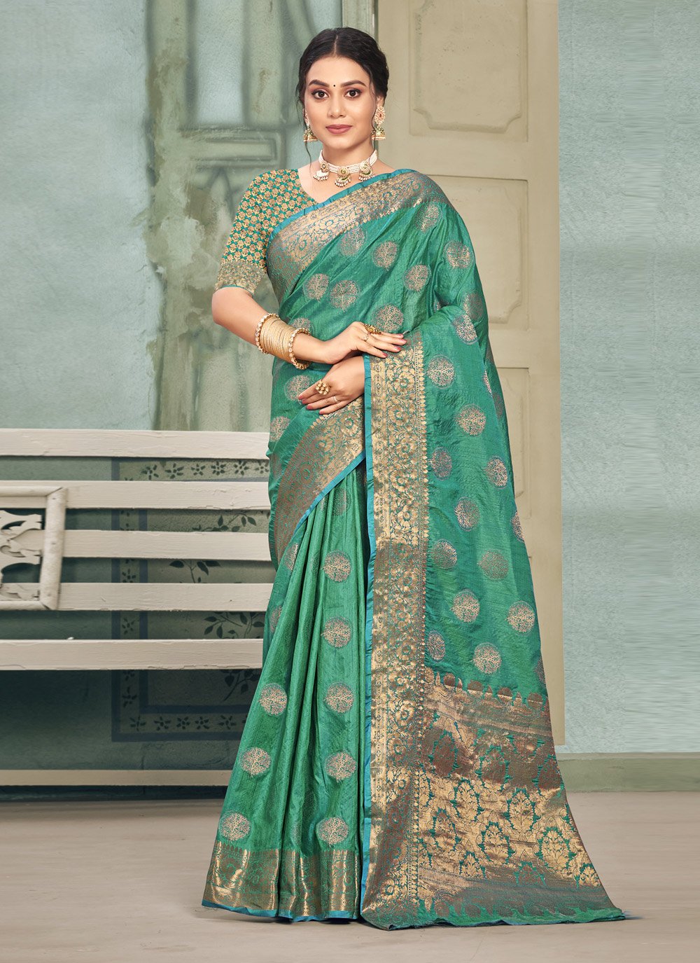 Traditional Saree Cotton Silk Green Fancy Work Saree