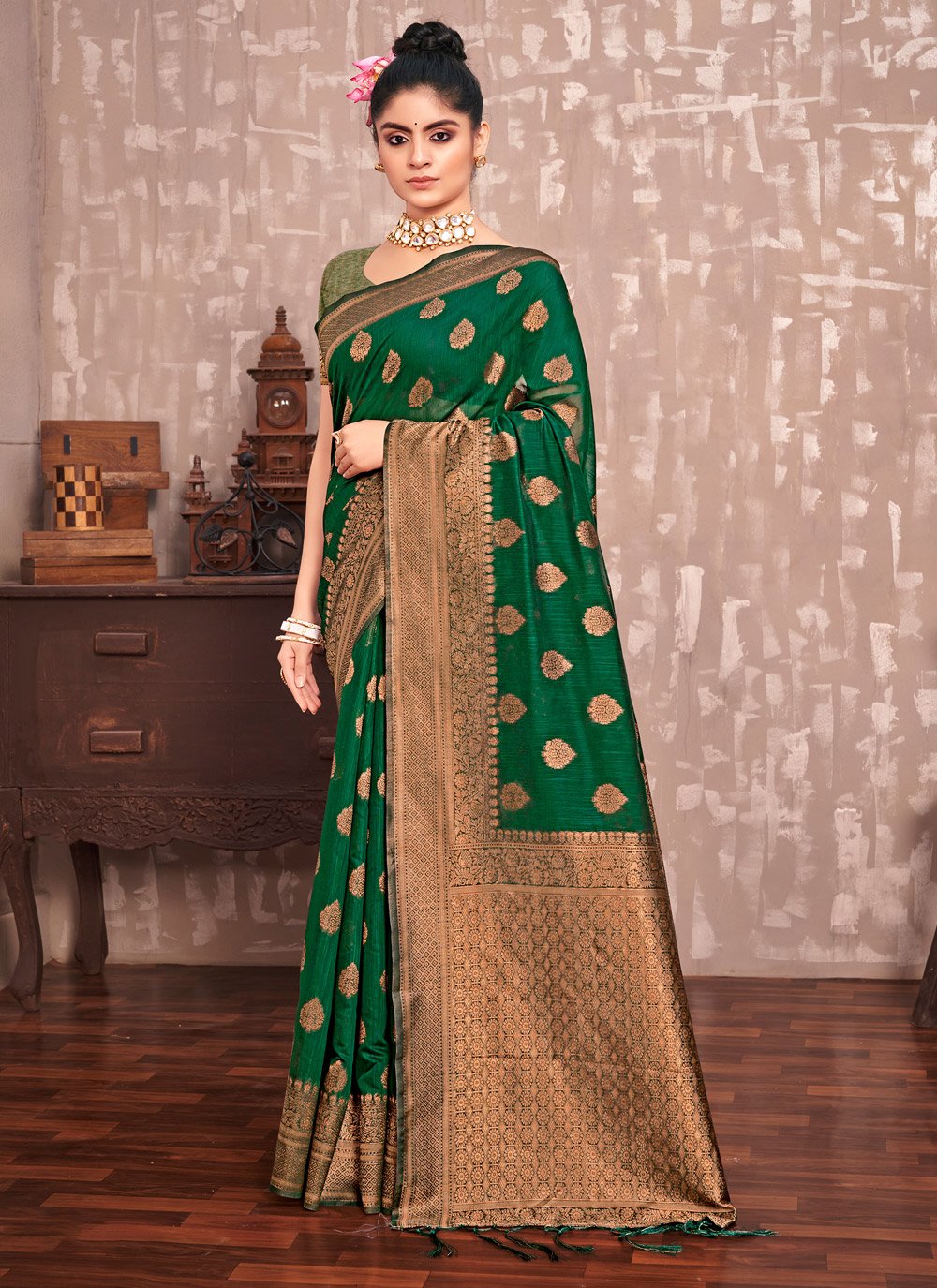 Traditional Saree Cotton Silk Green Embroidered Saree