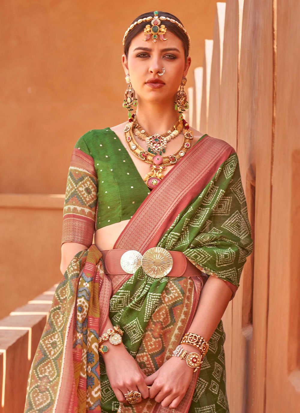 Contemporary Cotton Silk Green Foil Print Saree