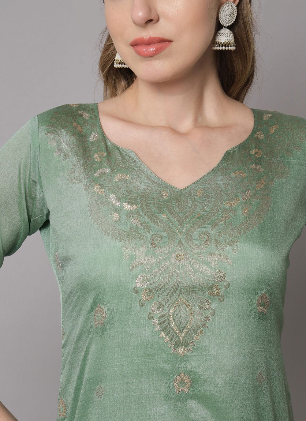Designer Kurti Cotton Silk Green Jacquard Work Kurtis