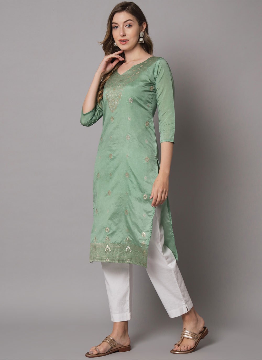 Designer Kurti Cotton Silk Green Jacquard Work Kurtis