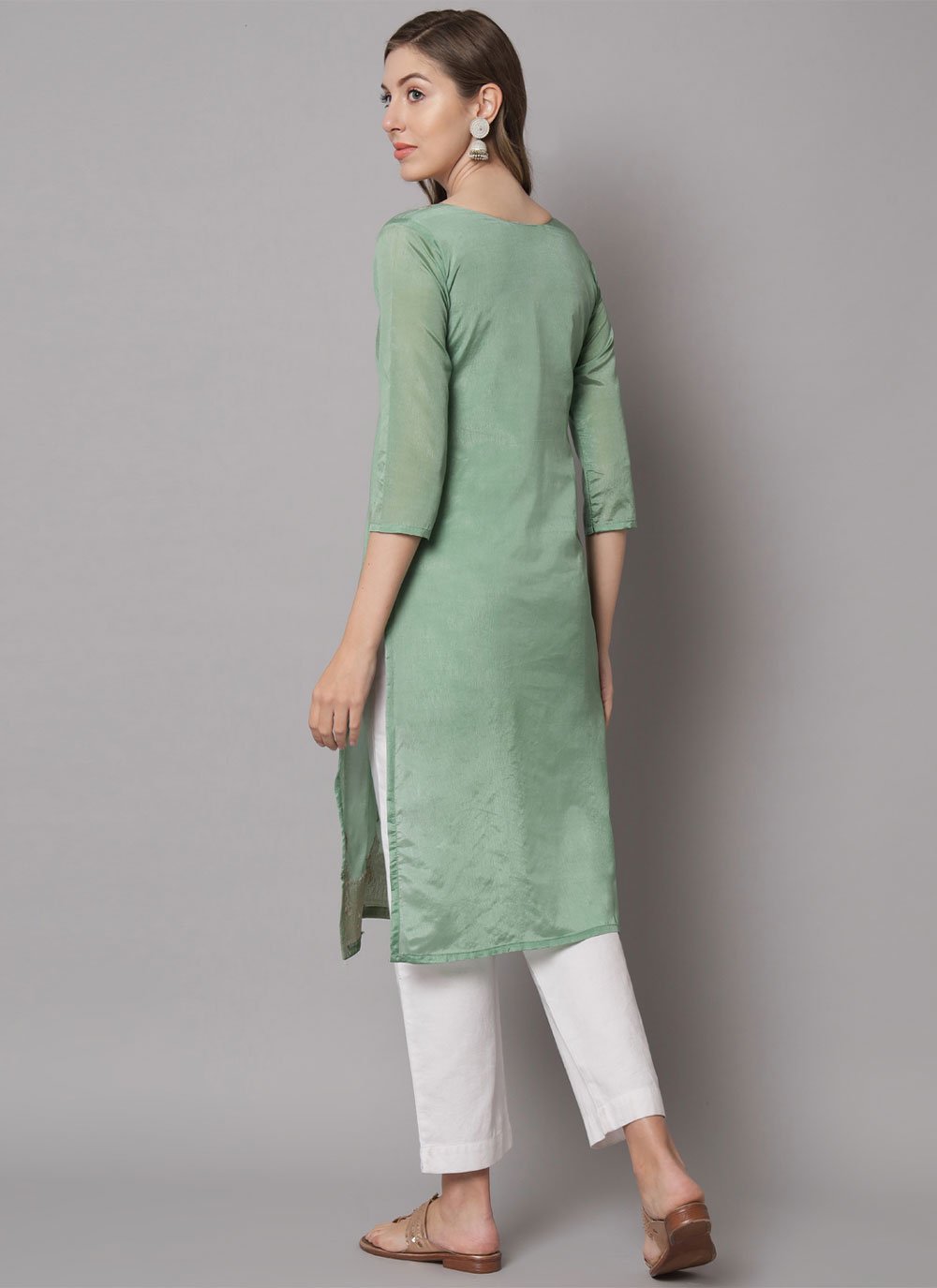 Designer Kurti Cotton Silk Green Jacquard Work Kurtis