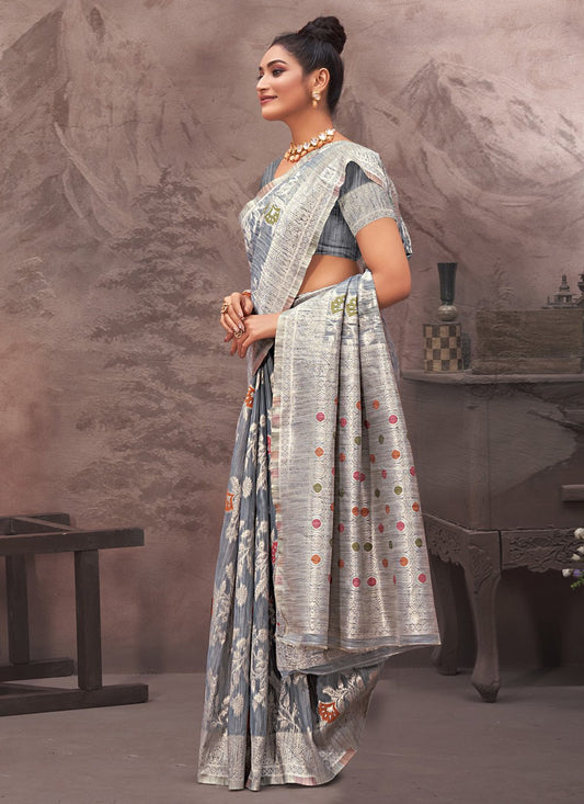 Traditional Saree Cotton Silk Grey Embroidered Saree