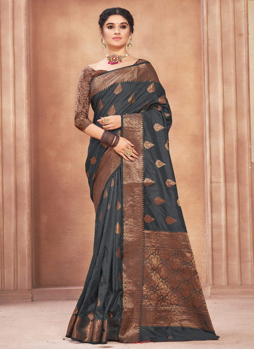 Classic Cotton Silk Grey Embroidered Saree