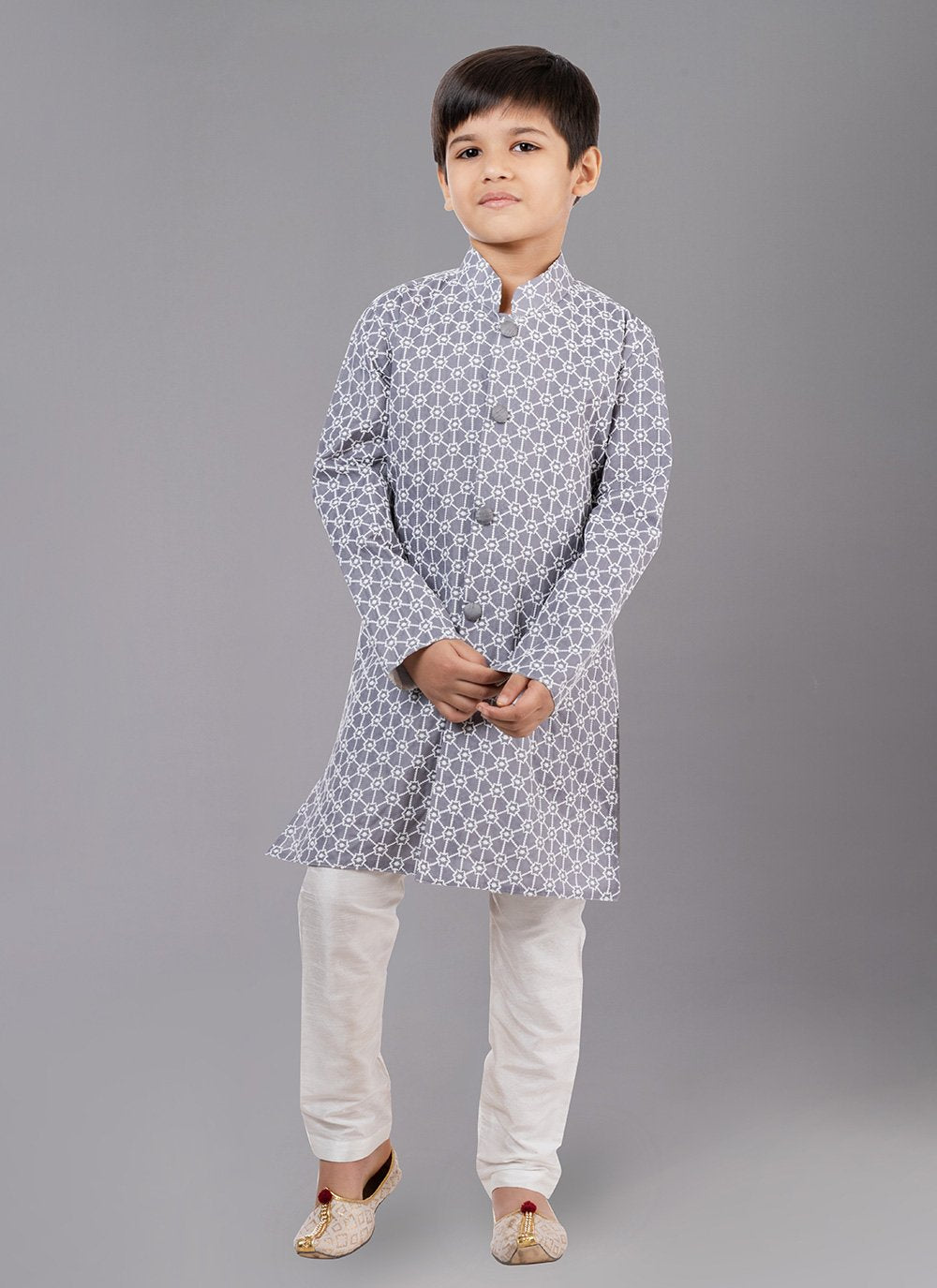 Kurta Pyjama Cotton Silk Grey Embroidered Kids