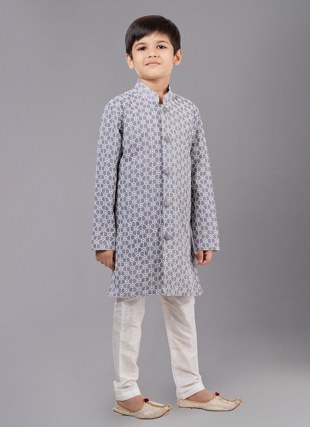 Kurta Pyjama Cotton Silk Grey Embroidered Kids