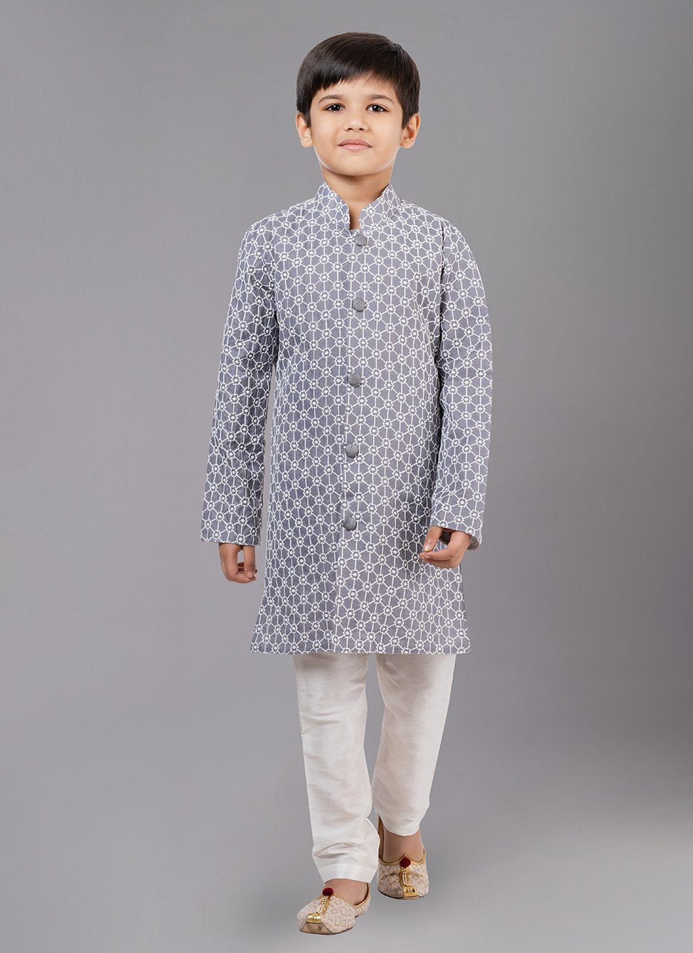 Kurta Pyjama Cotton Silk Grey Embroidered Kids