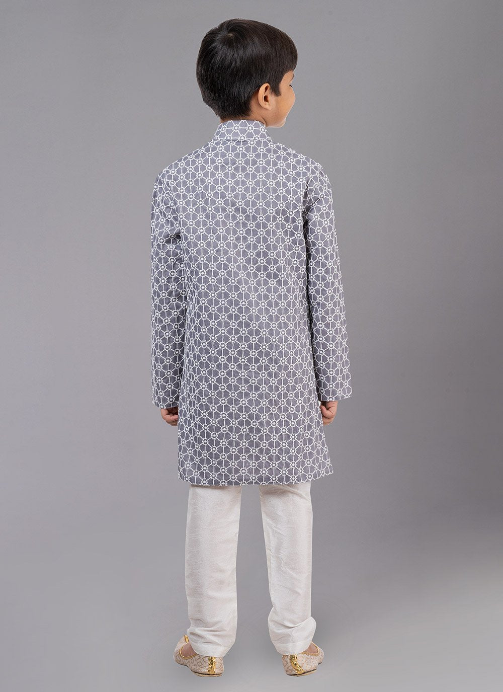 Kurta Pyjama Cotton Silk Grey Embroidered Kids