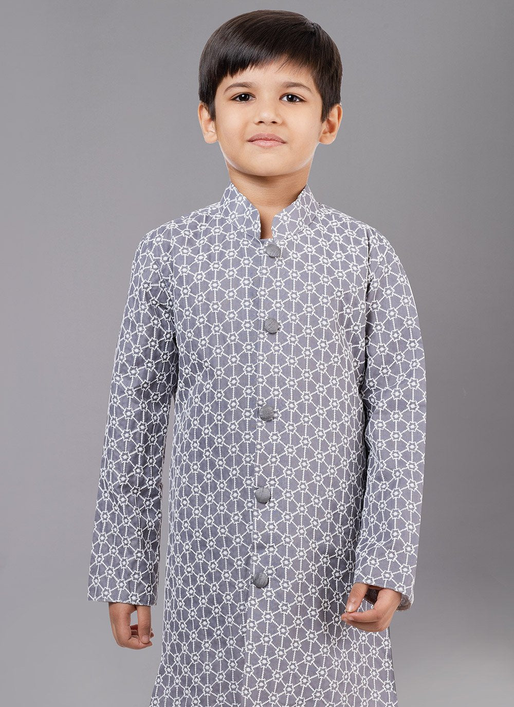 Kurta Pyjama Cotton Silk Grey Embroidered Kids