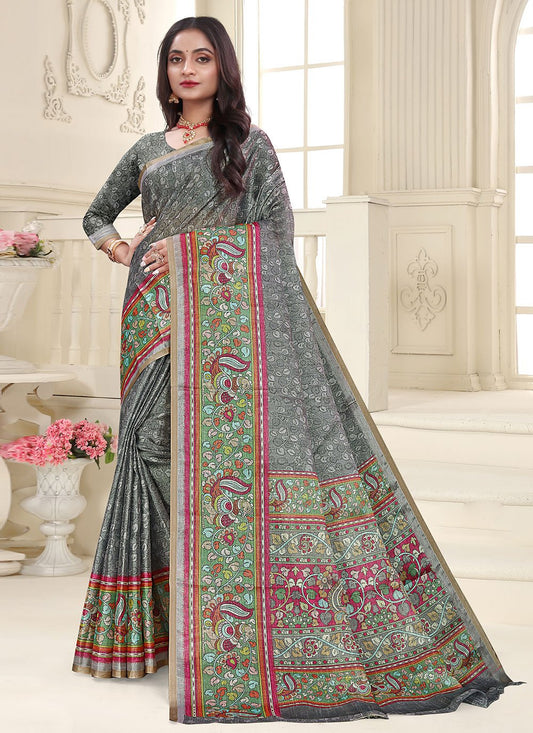 Trendy Saree Cotton Silk Grey Digital Print Saree