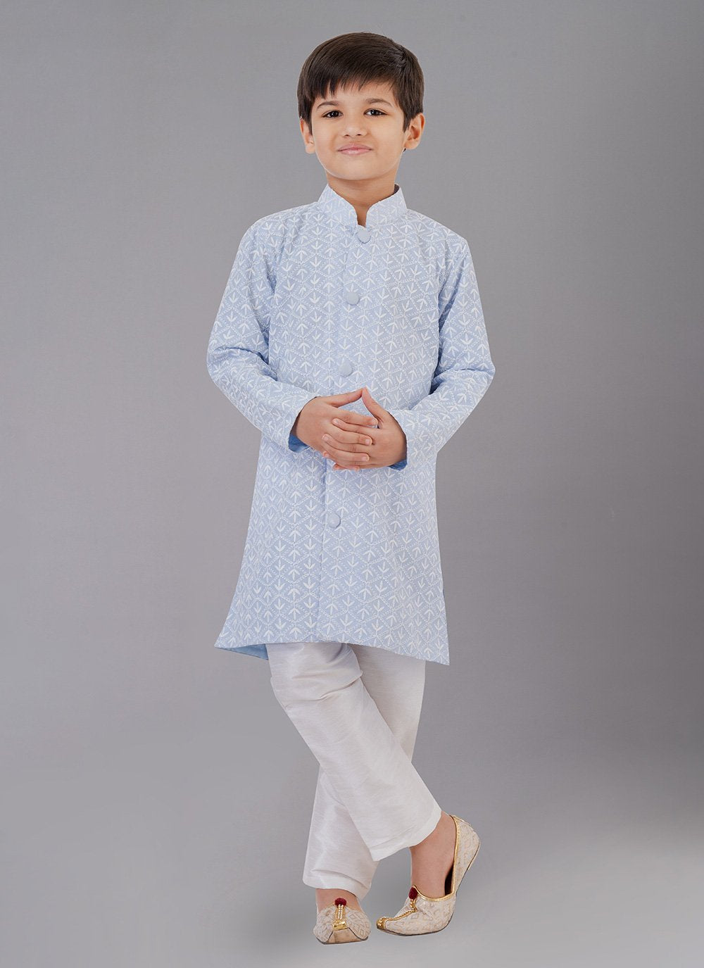 Kurta Pyjama Cotton Silk Grey Embroidered Kids