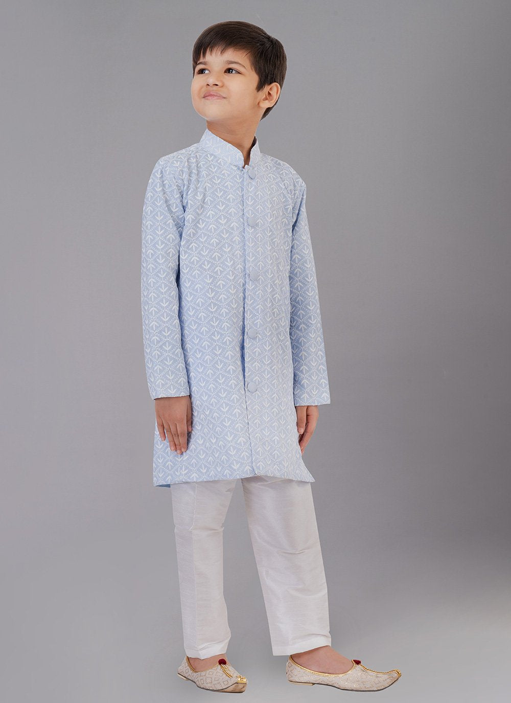 Kurta Pyjama Cotton Silk Grey Embroidered Kids