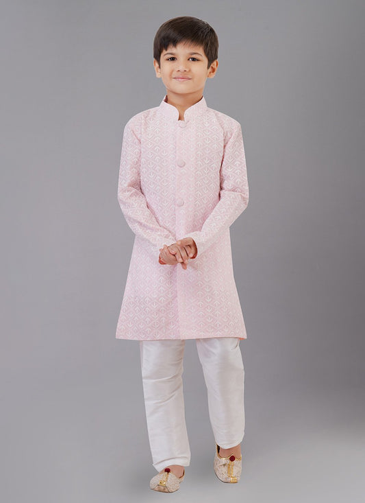 Kurta Pyjama Cotton Silk Pink Embroidered Kids