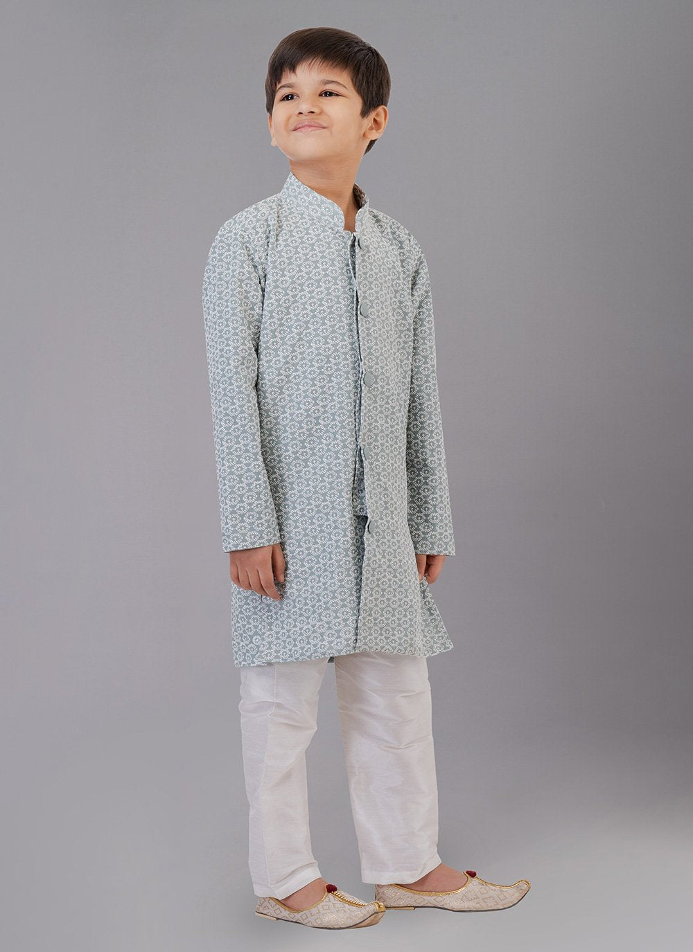 Kurta Pyjama Cotton Silk Grey Embroidered Kids