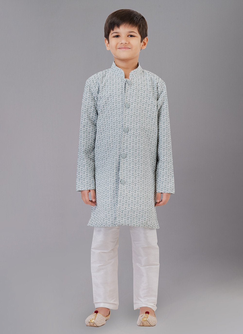 Kurta Pyjama Cotton Silk Grey Embroidered Kids