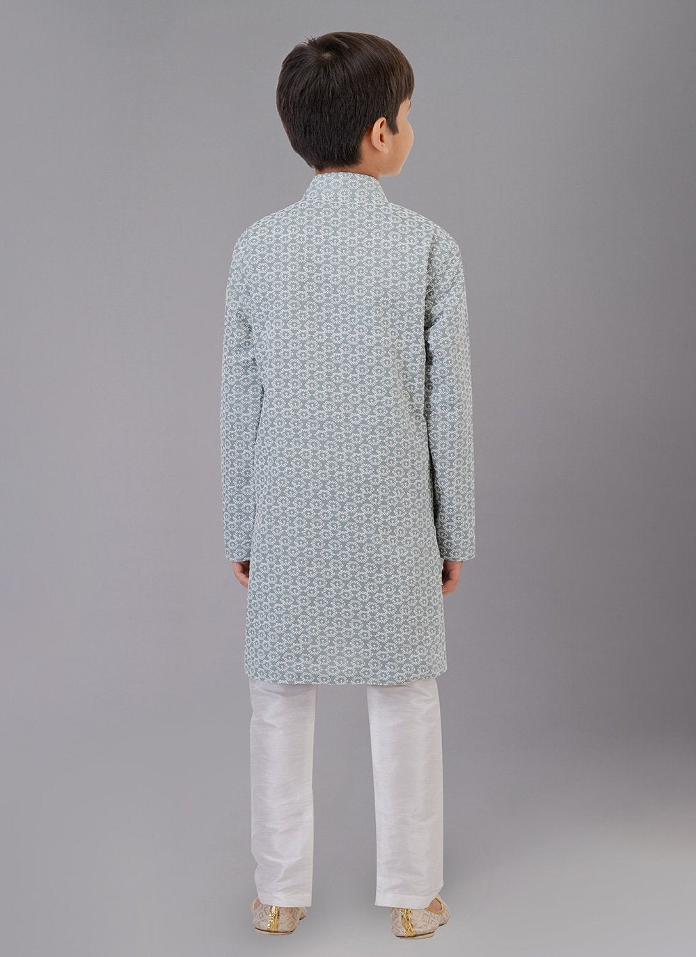 Kurta Pyjama Cotton Silk Grey Embroidered Kids