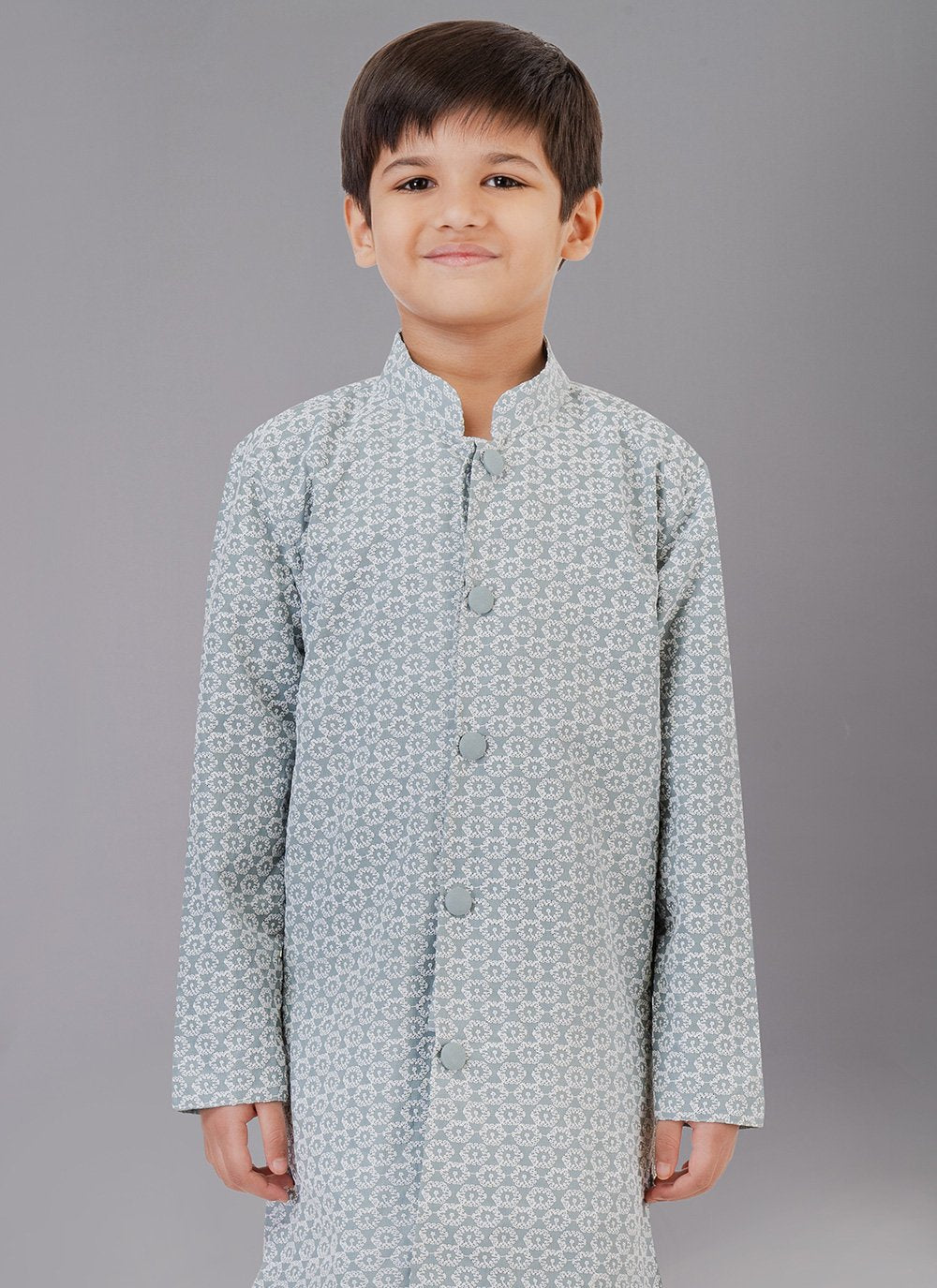 Kurta Pyjama Cotton Silk Grey Embroidered Kids