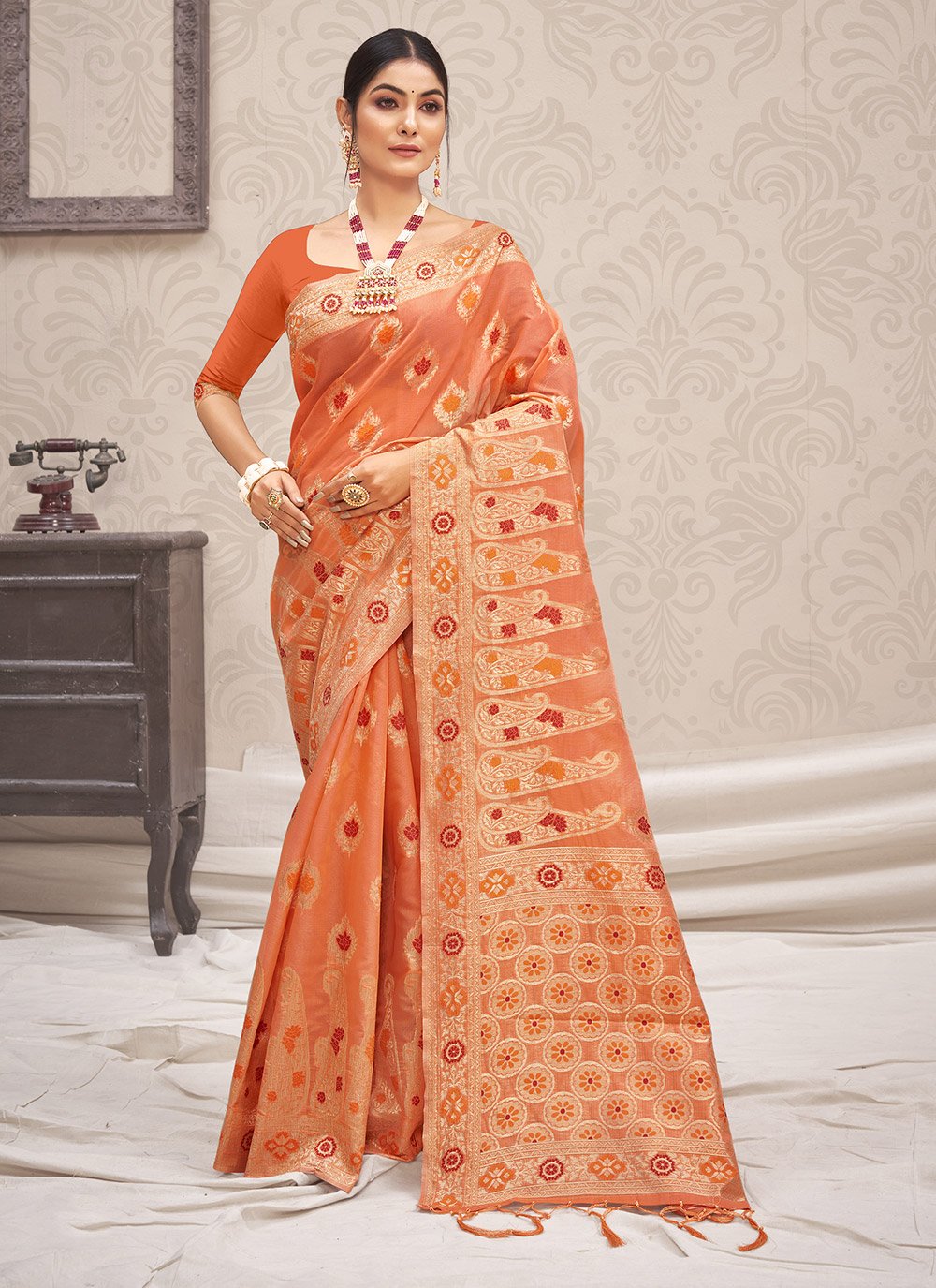 Designer Cotton Silk Peach Embroidered Saree