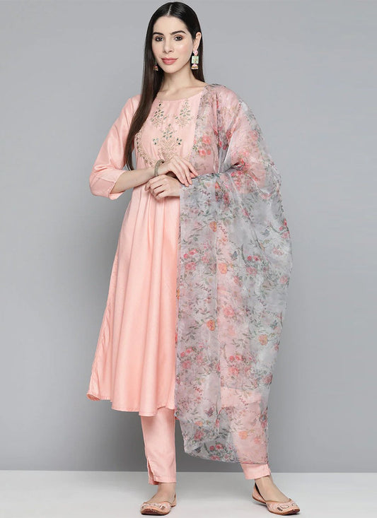 Salwar Suit Cotton Silk Peach Embroidered Salwar Kameez