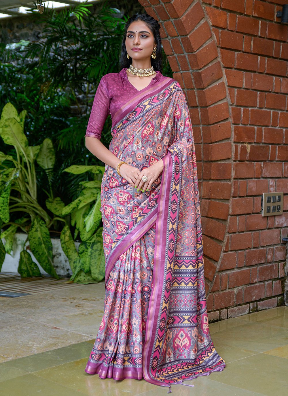 Classic Cotton Silk Magenta Print Saree