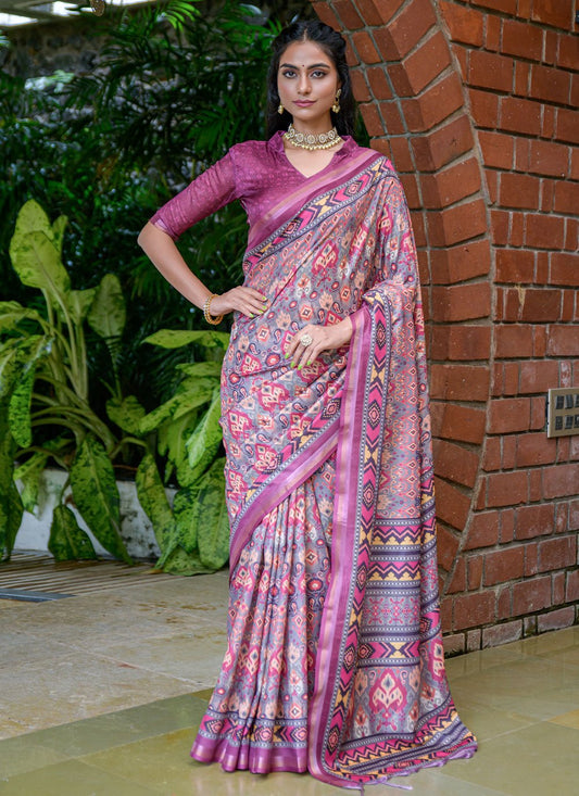 Classic Cotton Silk Magenta Print Saree