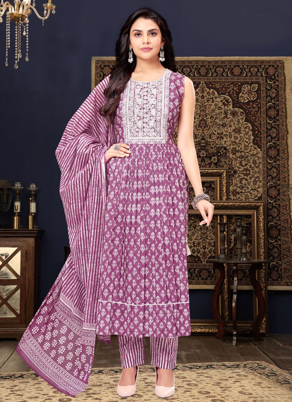 Salwar Suit Cotton Silk Purple Embroidered Salwar Kameez