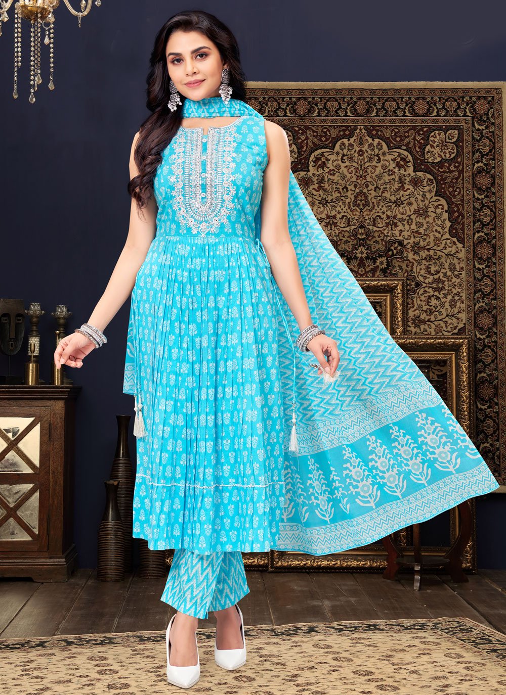 Salwar Suit Cotton Silk Blue Embroidered Salwar Kameez