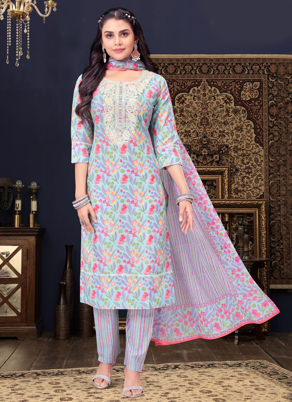 Salwar Suit Cotton Silk Multi Colour Embroidered Salwar Kameez