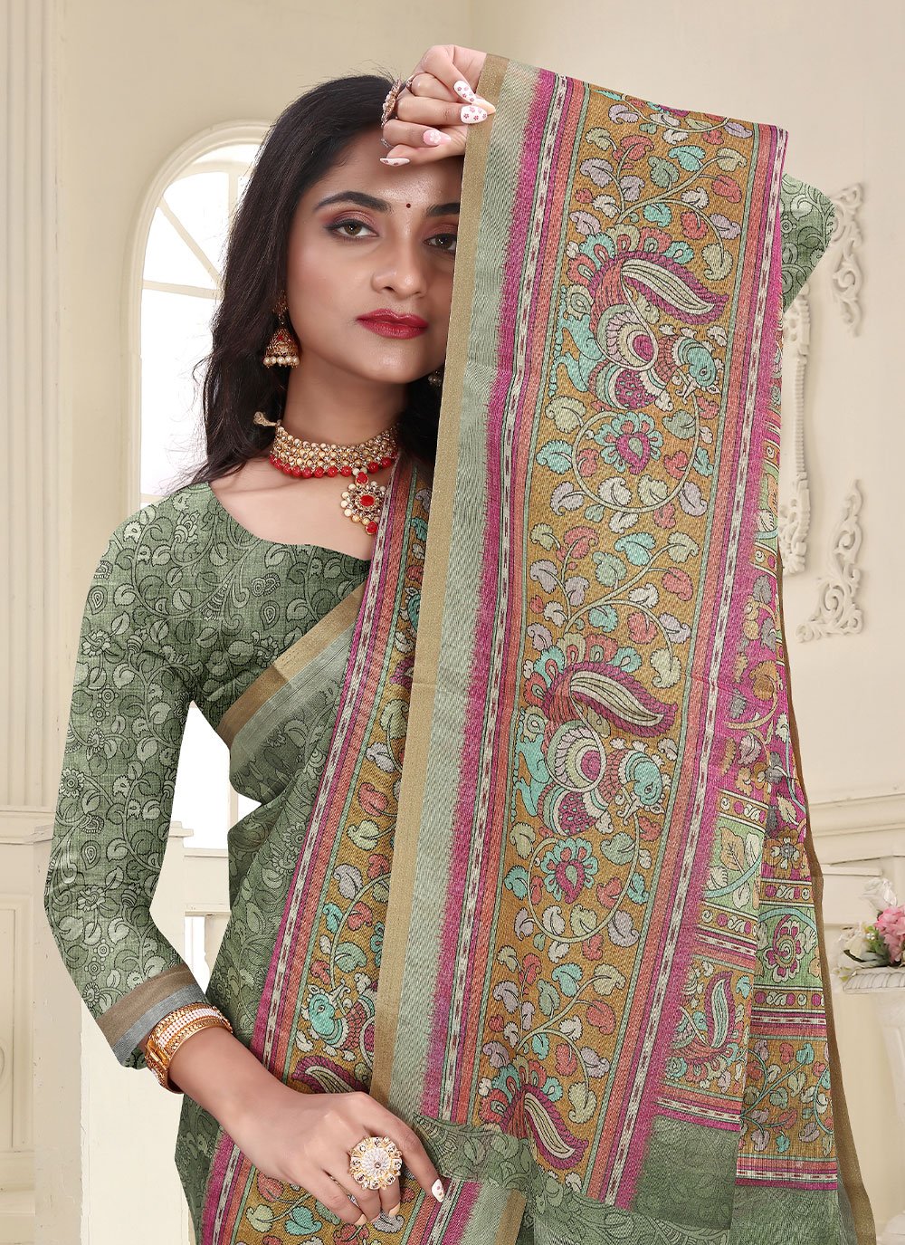 Classic Cotton Silk Green Digital Print Saree