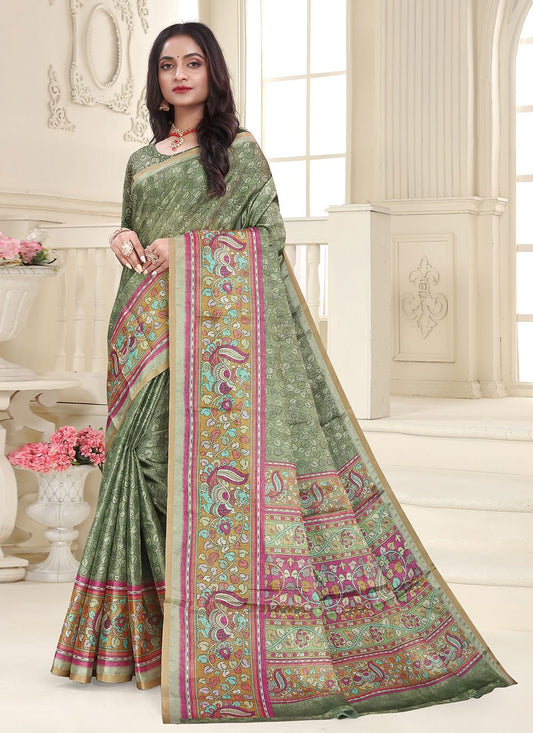 Classic Cotton Silk Green Digital Print Saree